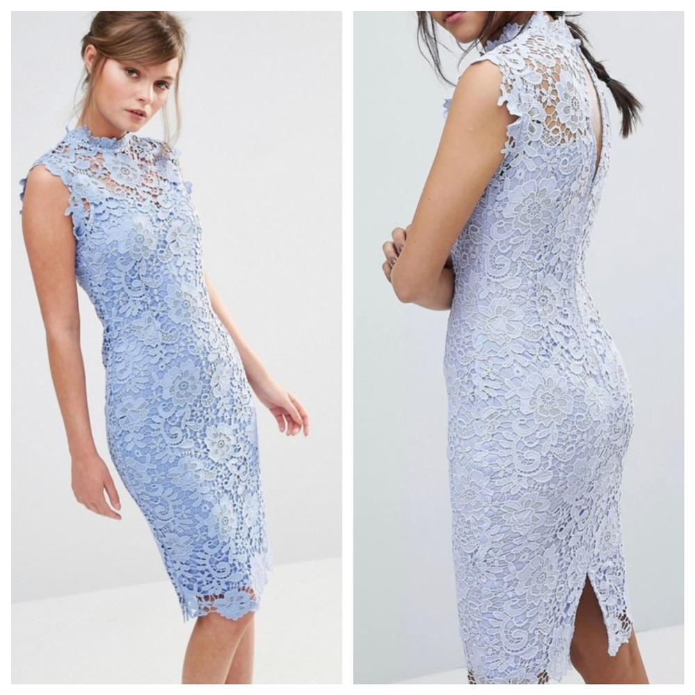 Paper Dolls London Lace Pencil Dress UK 10 US 6 Blue Knee Length Cocktail Luxe